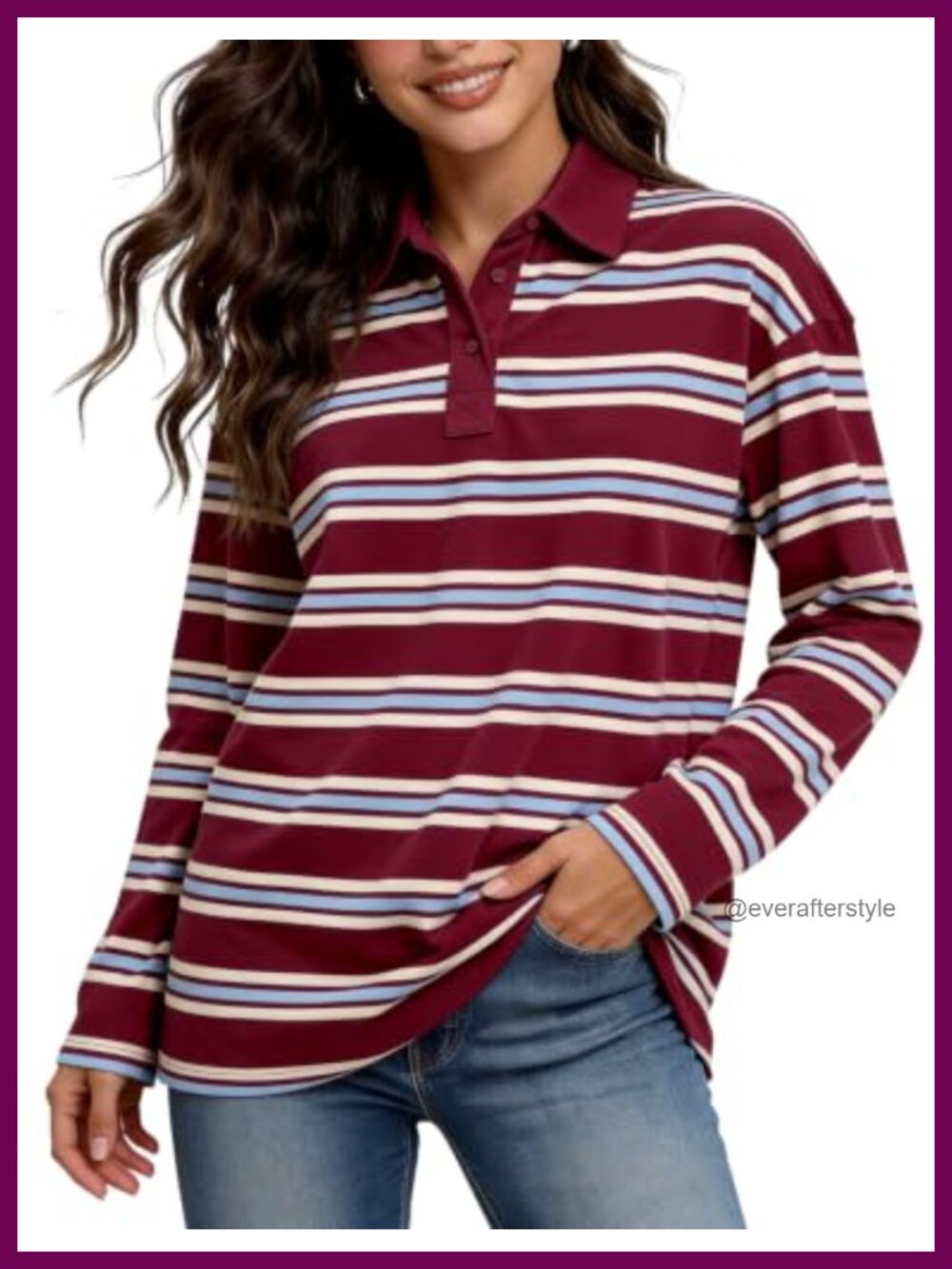 Womens Cotton Blend Striped Polo Rugby Long Sleeve Collared Pullover
